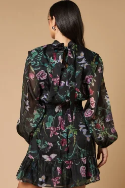 Robe Mini en Organza à Imprimé Bordure avec Taille Froncée et Dos Noué
