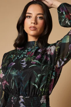 Robe Mini en Organza à Imprimé Bordure avec Taille Froncée et Dos Noué