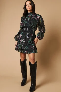 Robe Mini en Organza à Imprimé Bordure avec Taille Froncée et Dos Noué