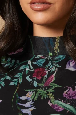 Robe Mini en Organza à Imprimé Bordure avec Taille Froncée et Dos Noué