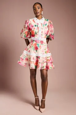 Coast Robe Mini en Organza Imprimé à Col et Bordure en Dentelle<Femme Satin Et Dentelle|Robes