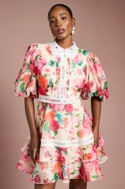 Coast Robe Mini en Organza Imprimé à Col et Bordure en Dentelle<Femme Satin Et Dentelle|Robes