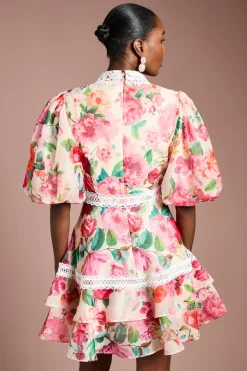 Coast Robe Mini en Organza Imprimé à Col et Bordure en Dentelle<Femme Satin Et Dentelle|Robes