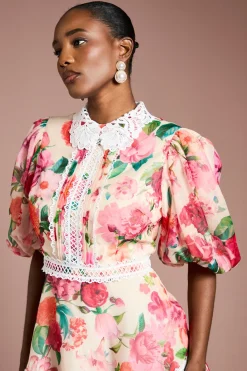 Coast Robe Mini en Organza Imprimé à Col et Bordure en Dentelle<Femme Satin Et Dentelle|Robes