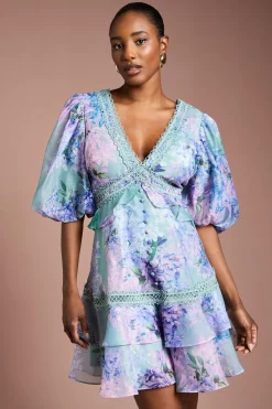 Coast Robe Mini en Organza à Manches Bouffantes et Finitions Dentelle<Femme Satin Et Dentelle|Robes