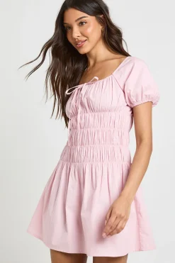 boohoo Robe Mini En Popeline De Coton À Corsage Froncé Et Manches Bouffantes<Femme Robes Patineuses|Robes