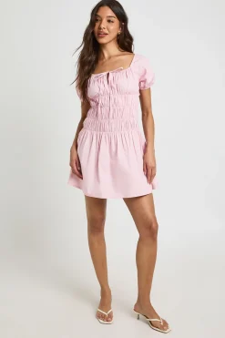 boohoo Robe Mini En Popeline De Coton À Corsage Froncé Et Manches Bouffantes<Femme Robes Patineuses|Robes