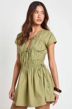 Robe Mini En Popeline De Coton Froncée Sur Le Devant Avec Lien