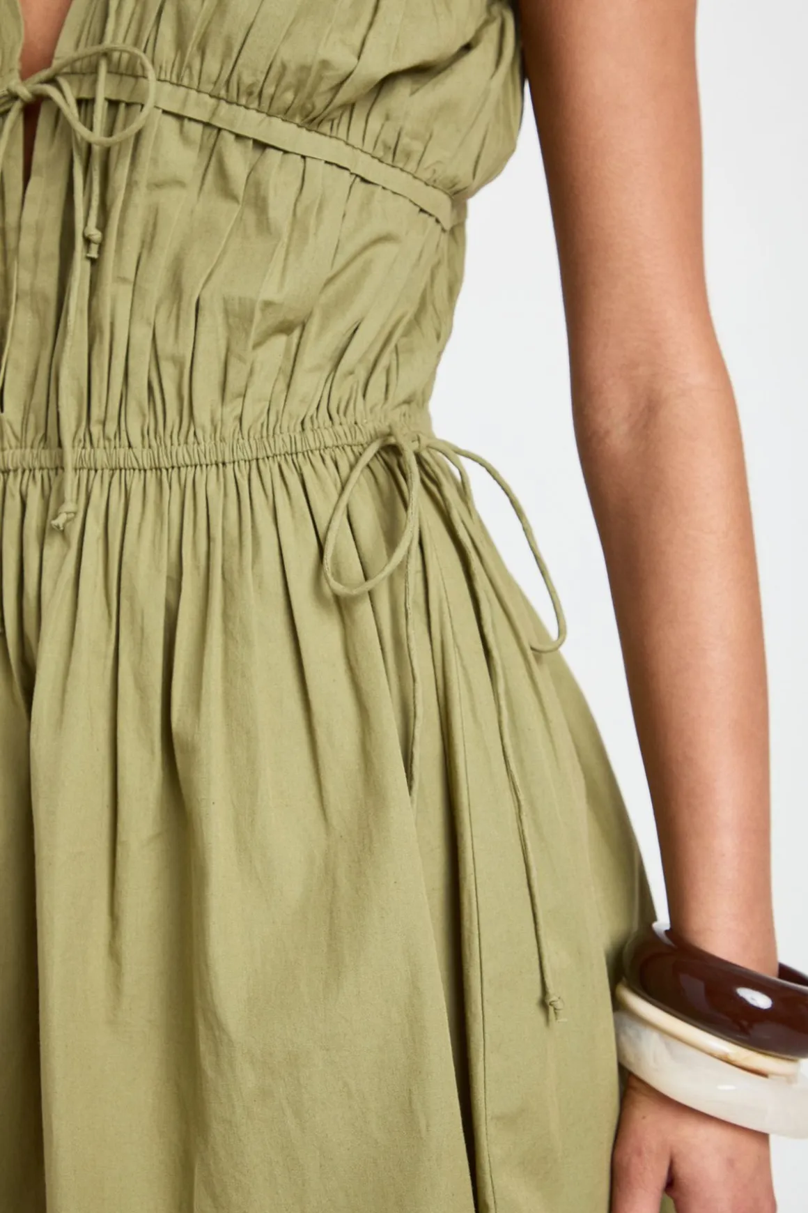 Robe Mini En Popeline De Coton Froncée Sur Le Devant Avec Lien