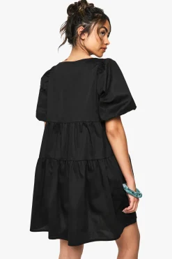 Robe mini en popeline de coton à manches bouffantes et à volants