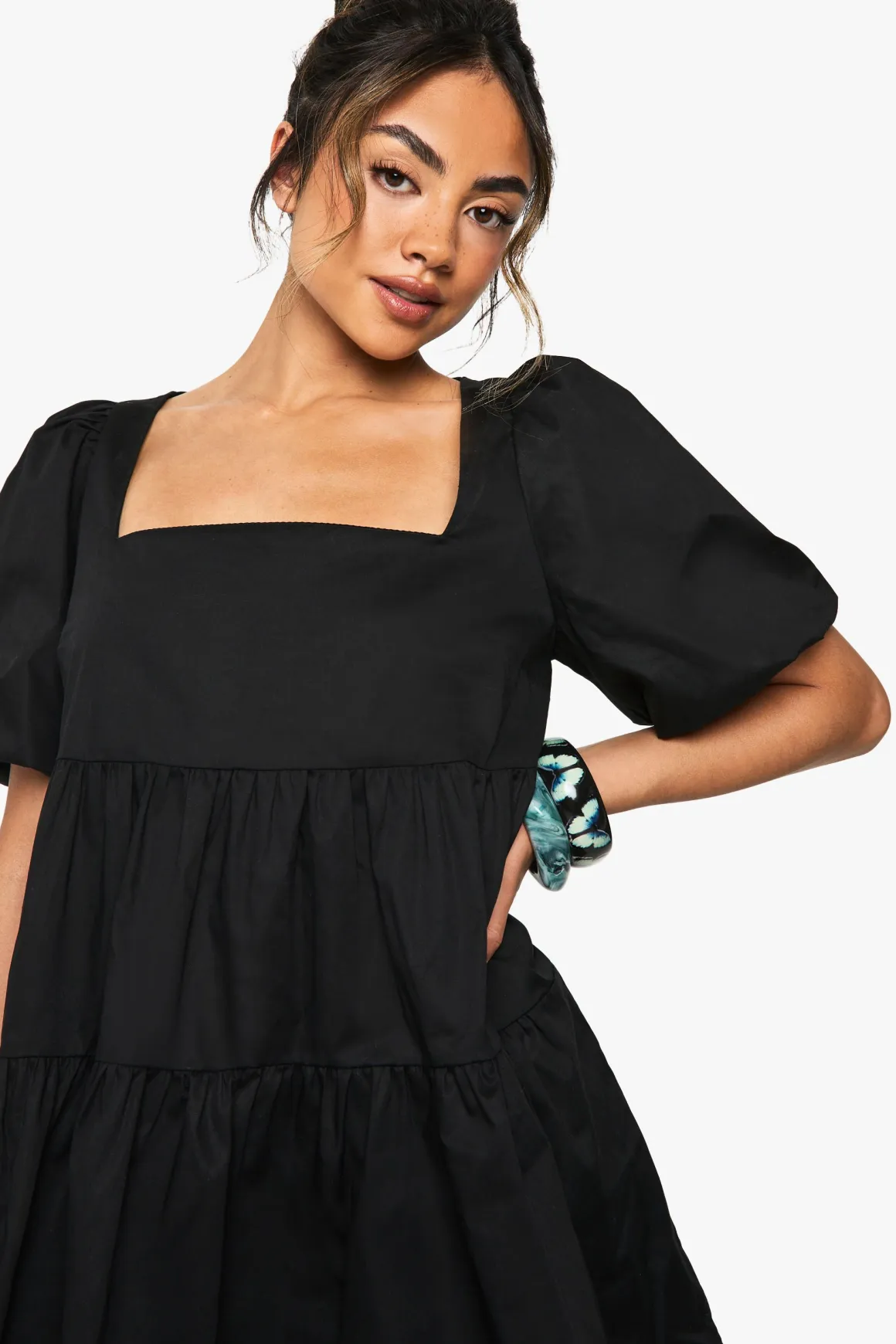 Robe mini en popeline de coton à manches bouffantes et à volants