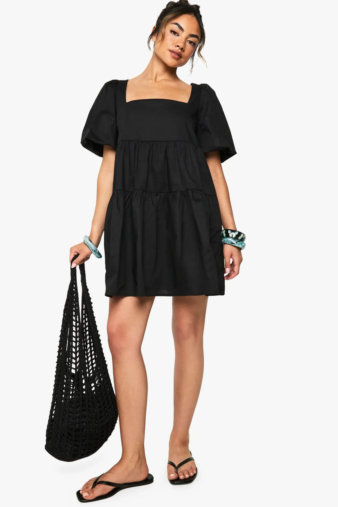 Robe mini en popeline de coton à manches bouffantes et à volants