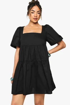 Robe mini en popeline de coton à manches bouffantes et à volants