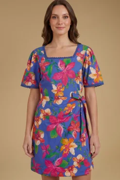 Robe Mini En Popeline Imprimée À Motif Floral Bleu Avec Jupe Portefeuille Et Finitions En Dentelle