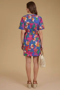 Robe Mini En Popeline Imprimée À Motif Floral Bleu Avec Jupe Portefeuille Et Finitions En Dentelle