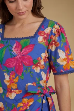 Robe Mini En Popeline Imprimée À Motif Floral Bleu Avec Jupe Portefeuille Et Finitions En Dentelle