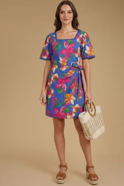 Robe Mini En Popeline Imprimée À Motif Floral Bleu Avec Jupe Portefeuille Et Finitions En Dentelle