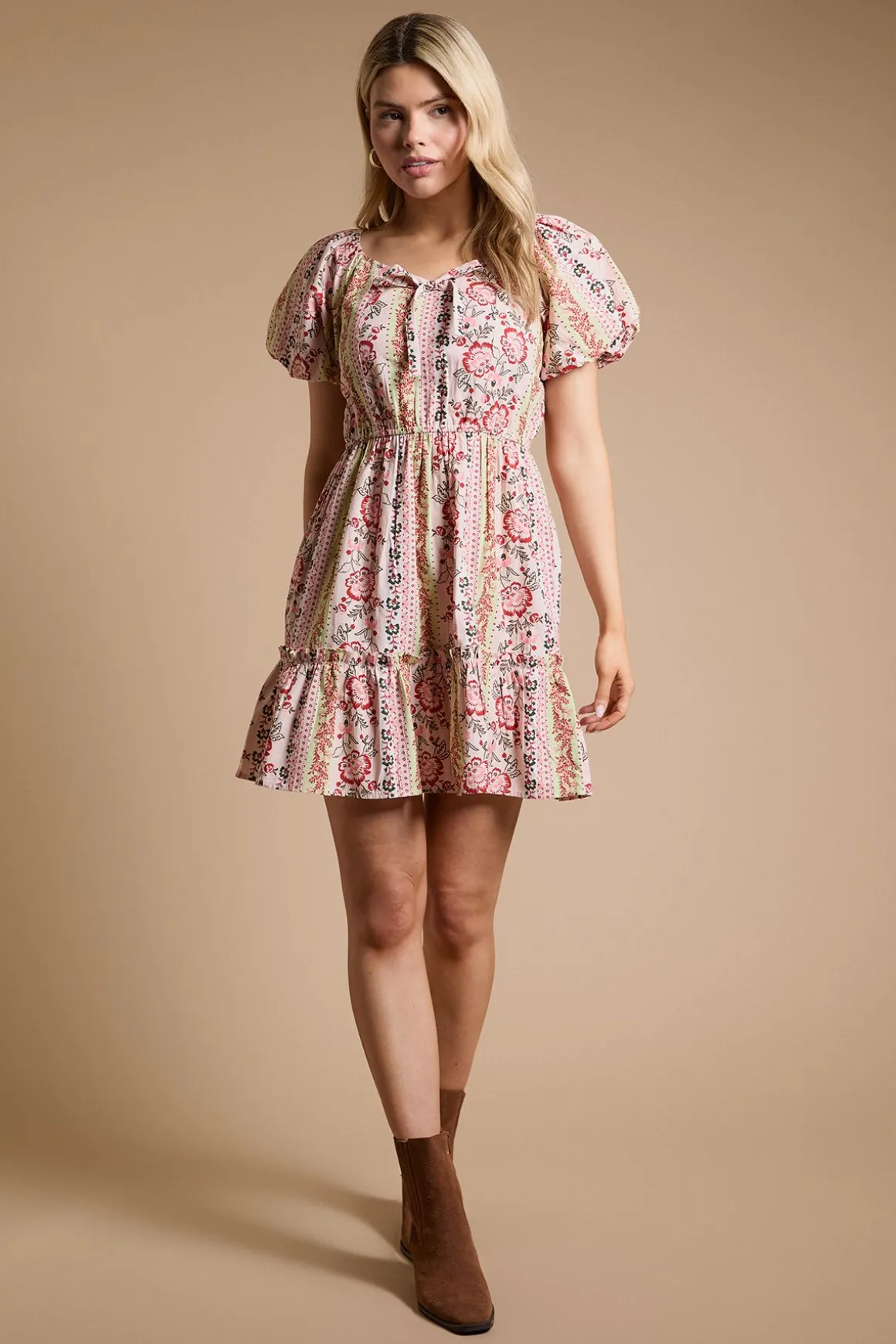 Robe Mini En Popeline À Manches Bouffantes Et Nœud Devant