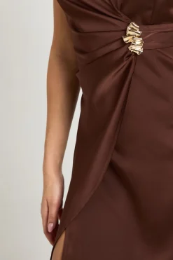boohoo Robe Mini En Satin Avec Détails De Garniture Et Drapé Frontal<Femme Looks Chocolat|Satin Et Dentelle