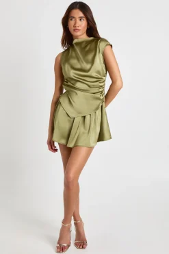 Robe Mini en Satin avec Détails Froncés