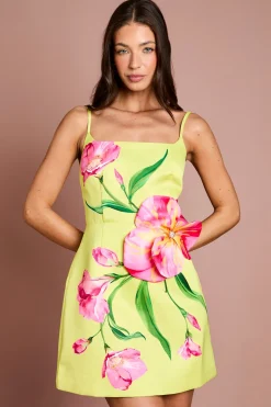 Robe Mini en Satin à Corsage Floral 3D