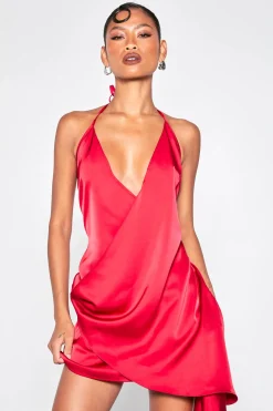 Robe Mini en Satin à Devant Croisé avec Détails de Volants