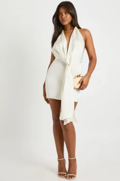 Robe Mini en Satin à Encolure Halter, Décolleté Plongeant et Détails Drapés