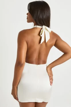 Robe Mini en Satin à Encolure Halter, Décolleté Plongeant et Détails Drapés
