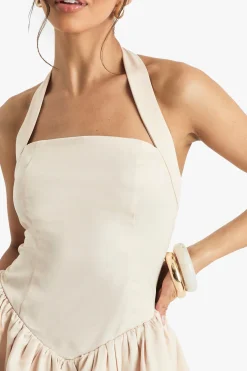 boohoo Robe Mini en Satin à Encolure Halter, Taille Basse et Jupe Volumineuse<Femme Satin Et Dentelle|Robes Patineuses