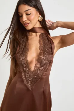Robe Mini en Satin et Dentelle avec Détail Foulard