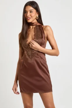 Robe Mini en Satin et Dentelle avec Détail Foulard