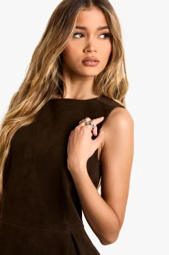boohoo Robe mini en suède à plis en boîte<Femme Looks Chocolat|Robes