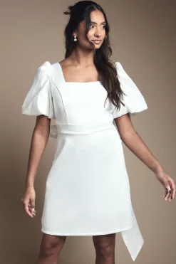 Robe Mini en Taffetas à Manches Bouffantes et Nœud Dos