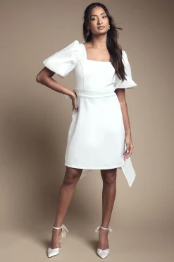 Robe Mini en Taffetas à Manches Bouffantes et Nœud Dos