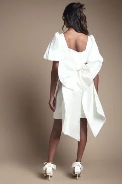 Robe Mini en Taffetas à Manches Bouffantes et Nœud Dos