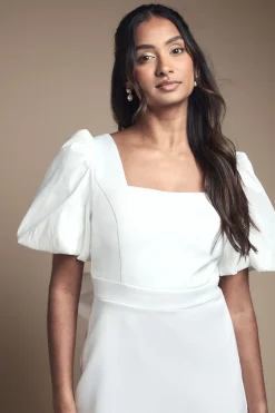 Robe Mini en Taffetas à Manches Bouffantes et Nœud Dos