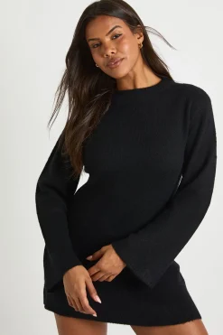 boohoo Robe mini en tricot à col rond et manches évasées<Femme Robes À Manches Longues|Robes