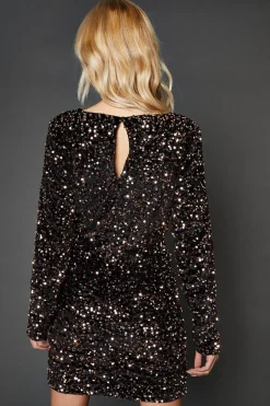 Robe Mini en Velours Bronze à Sequins et Fronces