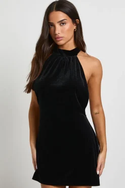 Robe Mini En Velours Col Montant Petite Taille