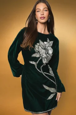 Coast Robe Mini en Velours à Manches Évasées avec Ornements Floraux<Femme Robes À Manches Longues|Robes