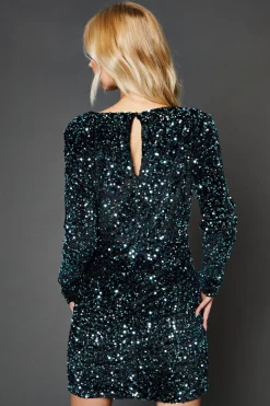 Robe Mini en Velours Sarcelle à Sequins et Fronces