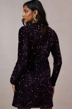 Robe Mini en Velours à Sequins avec Décolleté Goutte d'Eau