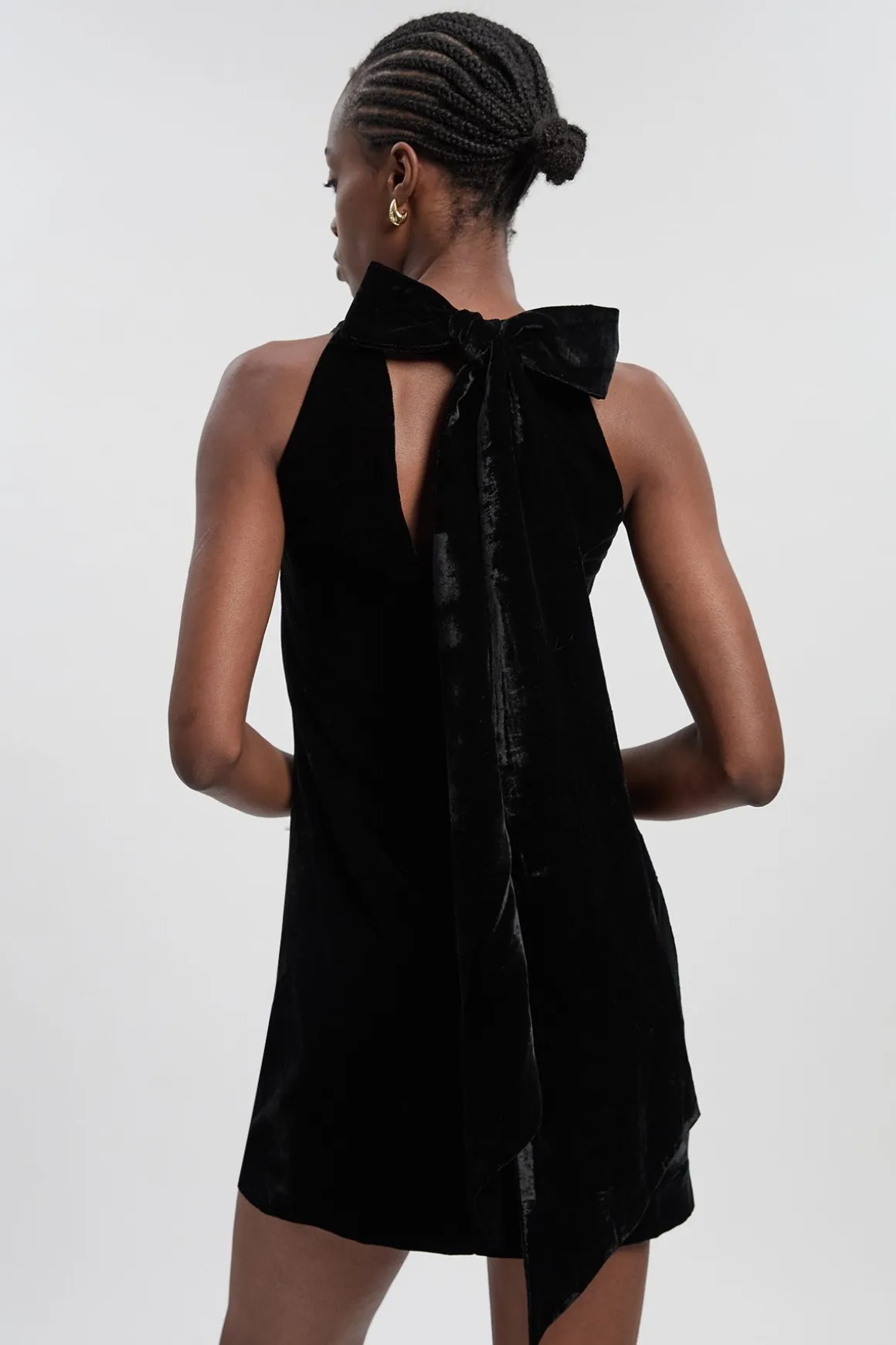 Robe Mini en Velours Tissé avec Liens dans le Dos