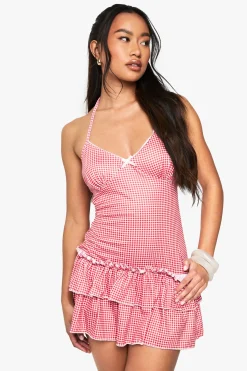 boohoo Robe mini en vichy à bretelles et à volants<Femme Robes Courtes|Robes