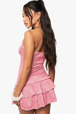 boohoo Robe mini en vichy à bretelles et à volants<Femme Robes Courtes|Robes