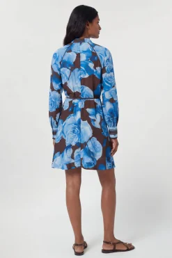 Robe Mini À Fleurs Bleues Contrastées Et Rayures Tissées En Viscose