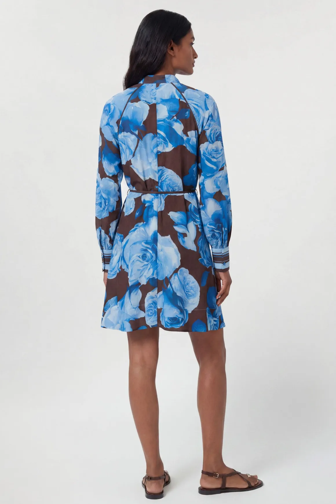 Robe Mini À Fleurs Bleues Contrastées Et Rayures Tissées En Viscose