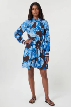 Robe Mini À Fleurs Bleues Contrastées Et Rayures Tissées En Viscose