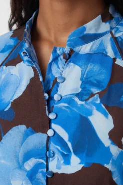 Robe Mini À Fleurs Bleues Contrastées Et Rayures Tissées En Viscose