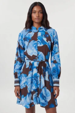 Robe Mini À Fleurs Bleues Contrastées Et Rayures Tissées En Viscose